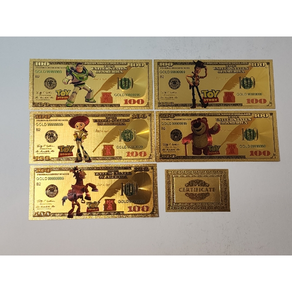 x5 Assorted Toy Story $100 99999999 24K Gold Foil Banknotes Set w/ CoA
