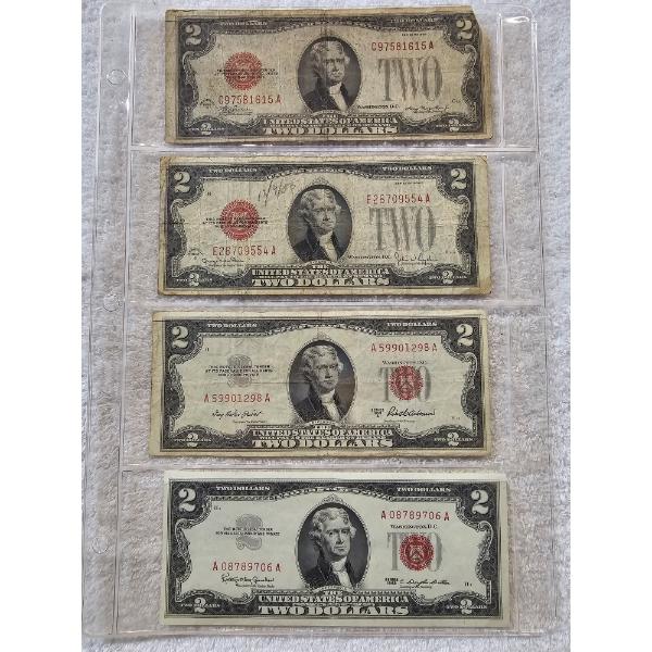 Four Red-Seal Two Dollar Treasury Notes in Protective Binder Sleeve - AFV $8