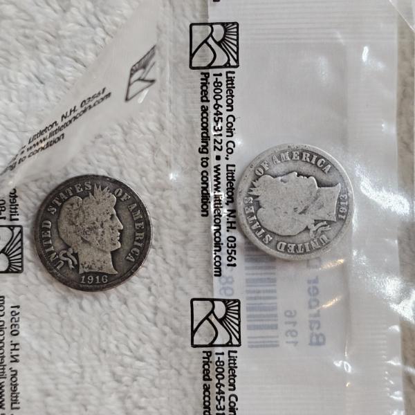 Two Vintage United States Silver Barber Dimes 1913/1916 With Plastic Sleeves