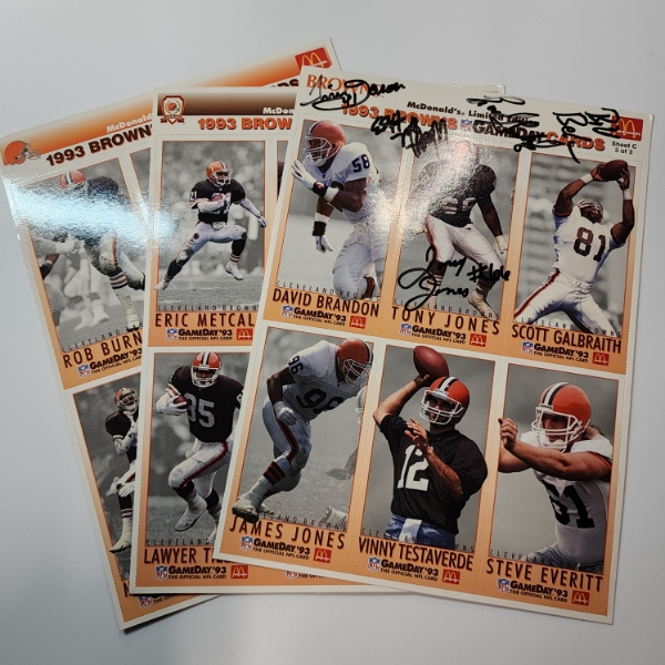 Three Uncut SIGNED Card Pages 1993 Cleveland Browns McDonald's GameDay Cards 
