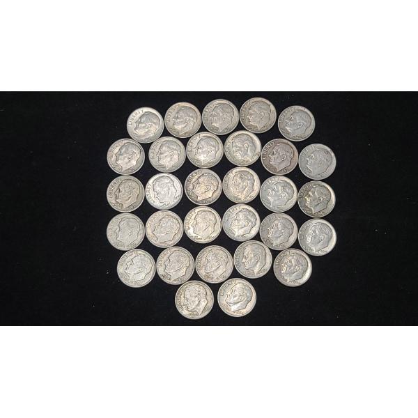 Assorted Years & Mint Marks 90% Silver Roosevelt Dimes - Face Value: $3.00