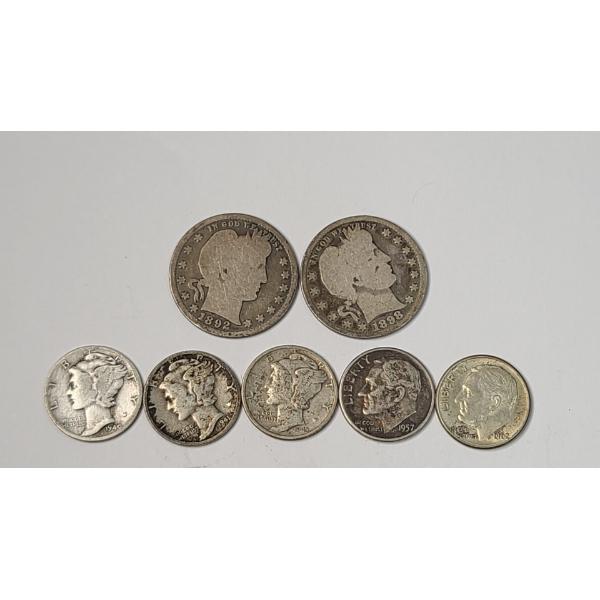 Assorted 90% Silver Barber Quarters, Mercury & Roosevelt Dimes - Face Value: $1.00