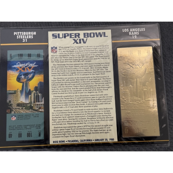 Authentic 1980 Super Bowl XIV NFL Football Ticket & 24K Gold Plated Ticket - Mint Condition