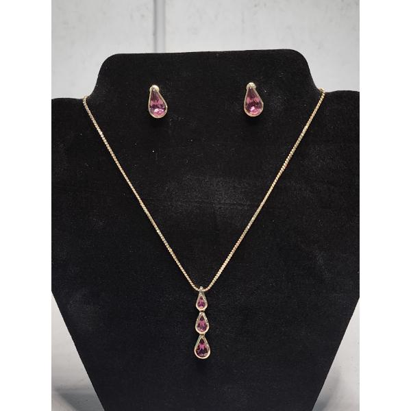 Matching Set of Gold-Tone Costume Earrings and Necklace with Purple Teardrop Stones