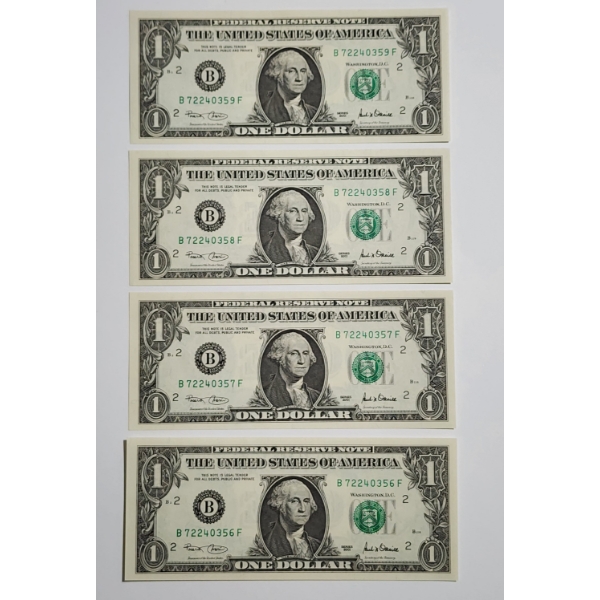 Four Consecutive Serial Number Uncirculated 2001 United States $1 Federal Reserve Notes 