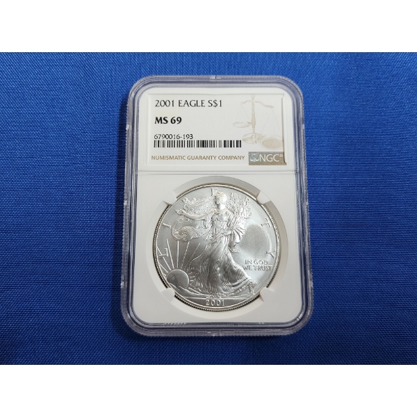 2001 American Silver $1 Eagle NGC MS 69 1 oz Fine Silver 