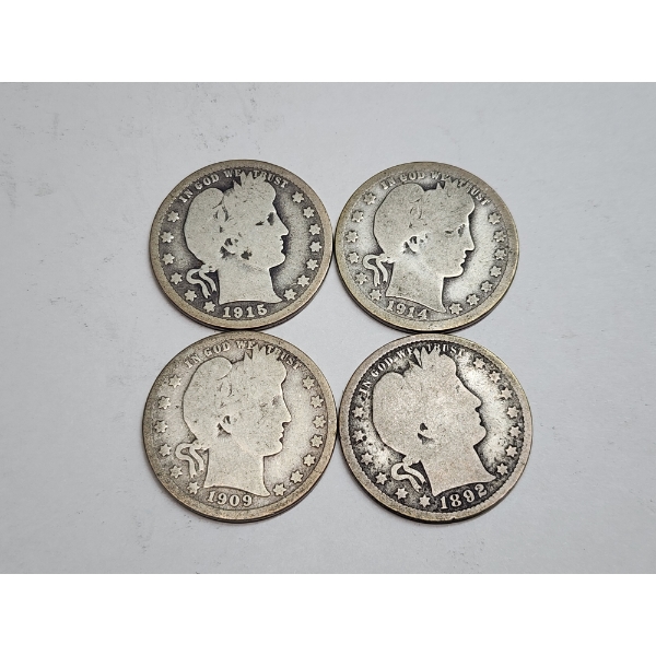 (4) 90% Silver U.S. Barber Quarters - Years 1915, 1914, 1909, 1892 - FV: $1.00