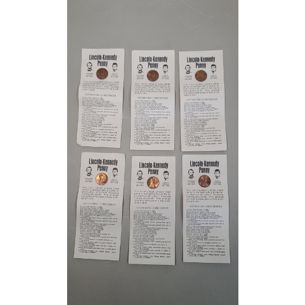 (6) Uncirculated 1974 Third Party Counterstamped Lincoln-Kennedy Novelty Pennies