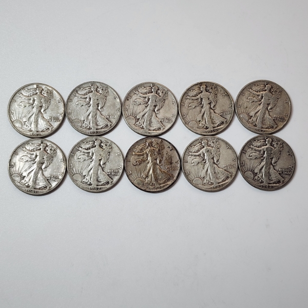 10 Assorted Years United States 90% Silver Walking Liberty Half Dollars - Face Value: $5.00
