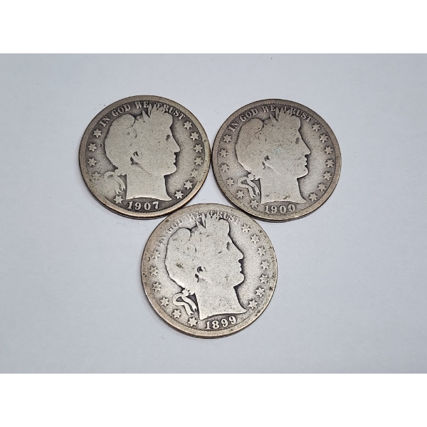 Three U.S. Barber Half Dollars: 1907, 1900, 1899-S - 90% Silver - FV: $1.50