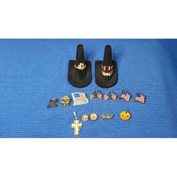 Assorted Costume Pins, Rings & More