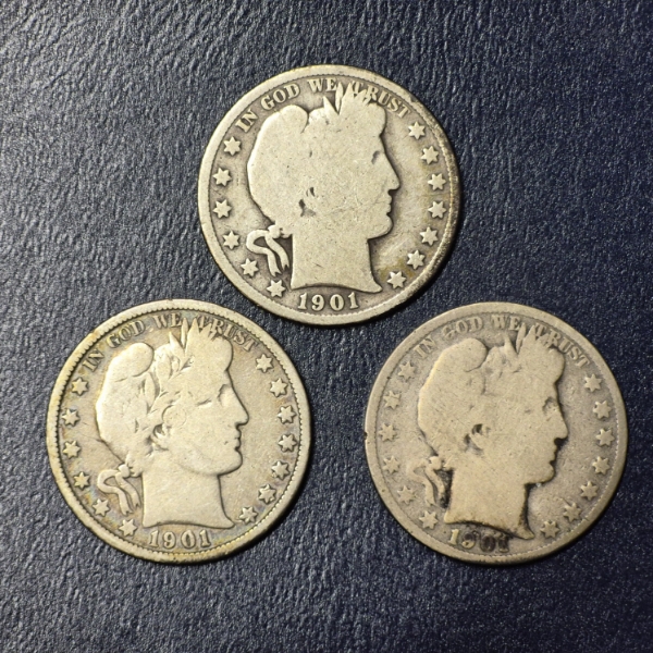 3 Pc Barber (Liberty Head) Half Dollars - 1901 P / O / S - See Pics