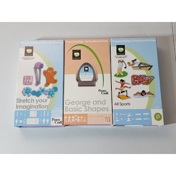 3 Provo Craft Cricut Cartridges: Stretch your Imagination, George and Basic Shapes, All Sports