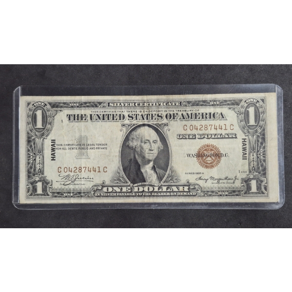 U.S. CURRENCY - RARE - 1935 A  One Dollar ($1) Red Seal (HAWAII) Silver Certificate