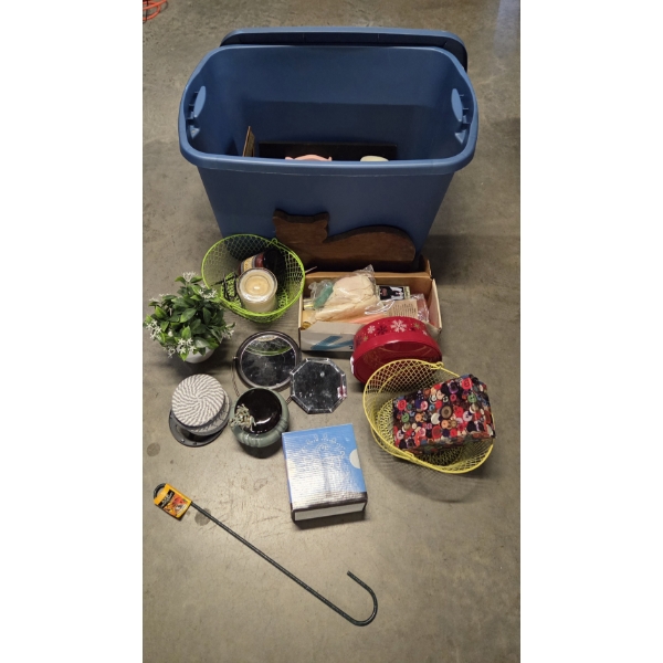 Storage Tote With Home Items Including Candles, Coasters, Mirror, Wire Baskets & More