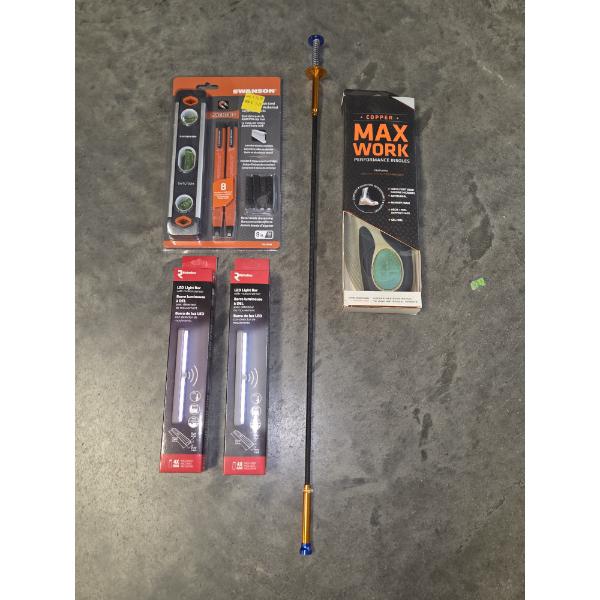 All Brand New- Copper Insoles, Grabber Tool, 2 LED Light Bars, & Level Kit