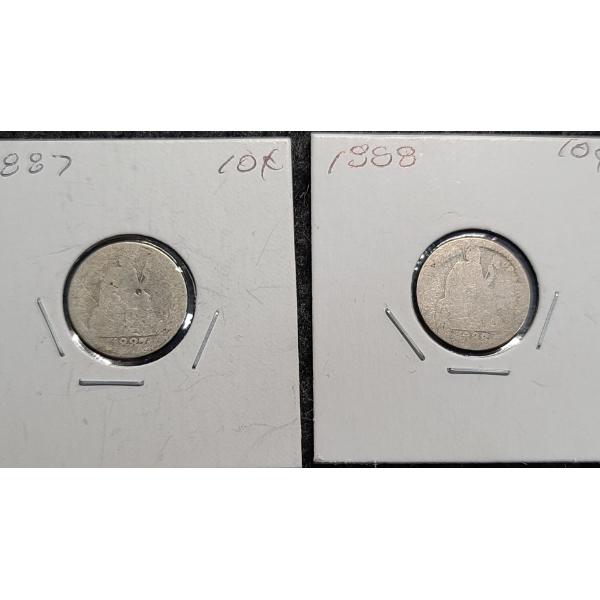 1887 & 1888 Seated Liberty 90% Silver Dimes 