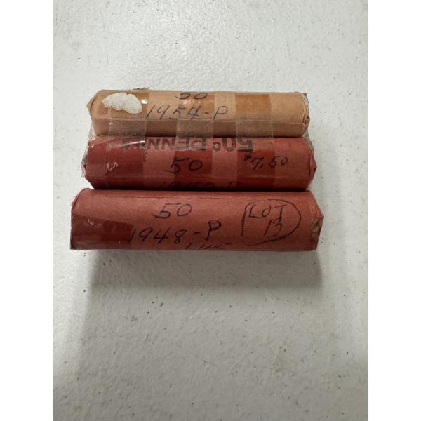 1942, 1948 & 1954-P Rolls of Wheat Pennies - 3 Rolls - All Excellent Condition - 150 Pennies