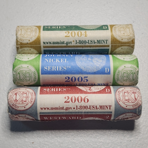 Three U.S. Mint Nickel Bankrolls: Westward Journey 2004, 2005, 2006 - Face Value: $6.00