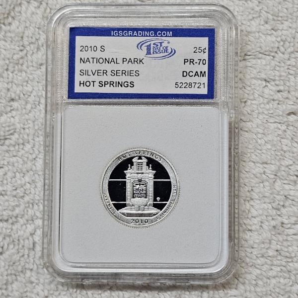 2010-S 90% Silver Hot Springs Quarter certified as PR-70 Deep Cameo (DCAM) by IGS Grading