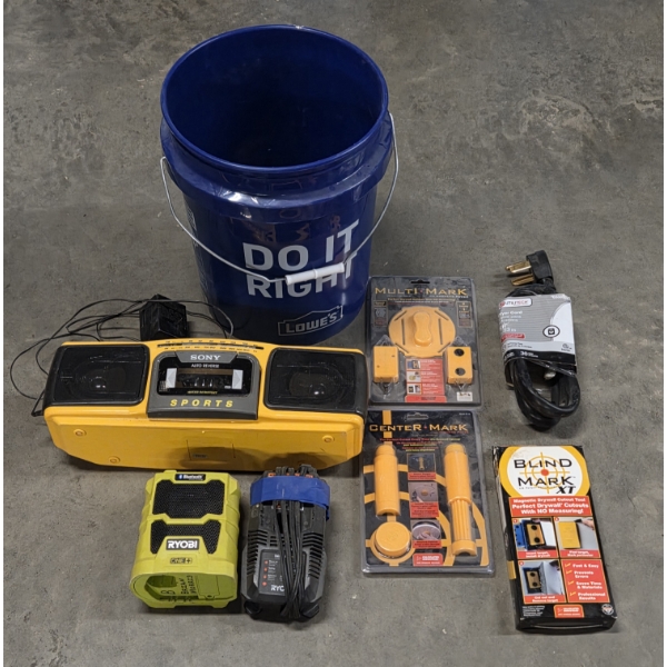 5 Gallon Bucket With Ryobi Bluetooth Speaker & Charger, Drywall Cutout Tools, New Dryer Cord & More