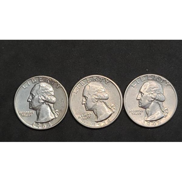 1934, 1942, 1964 90% Silver Washington Quarters - Face Value: $0.75 