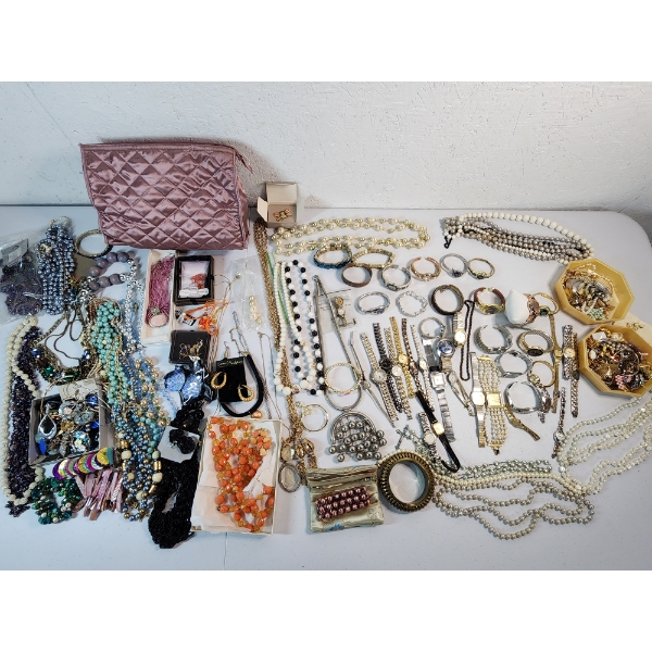 Large Assortment of Costume Jewelry Over 100 Pieces - Including Cosmetic Bag and Jewelry Box