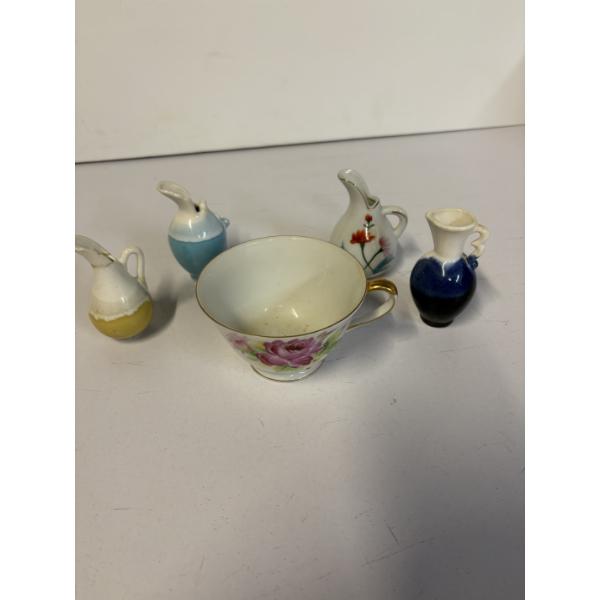 Porcelain Japanese Mini Pitchers and Floral Teacup