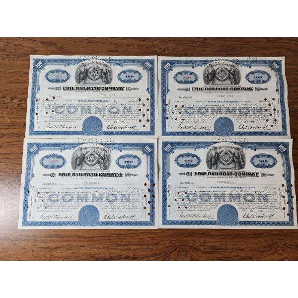 Lot of (4) Erie Railroad Company Stock Certificates 100 Shares - Dated 1950