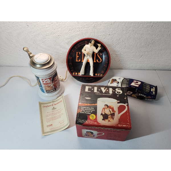 Elvis Presley Collectibles: Postcard Stein, Mugs, Car, Working Light-Up Sign