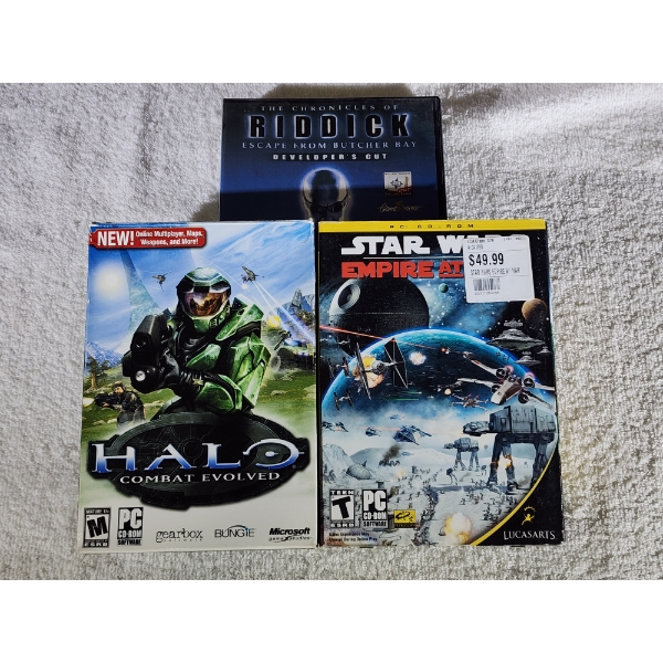Three Assorted Vintage PC Video Games - Star Wars Empire At War & Halo With Original Papers & Cases 