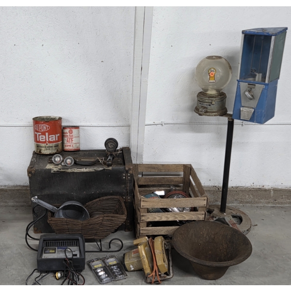Vintage Candy Machine, File Box, Car Items, Battery Charger, Tins, Circular Saw And More!