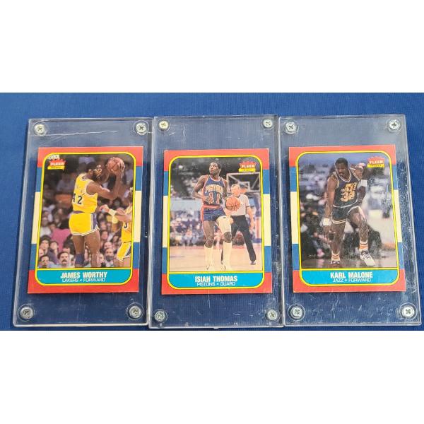 (3) 1986 Fleer Premier Basketball Cards - Isiah Thomas, Karl Malone, James Worthy