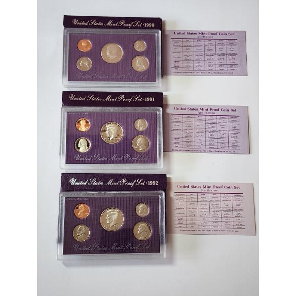 x3 United States Mint Proof Sets: 1990, 1991, 1992 With Original Packaging & CoA