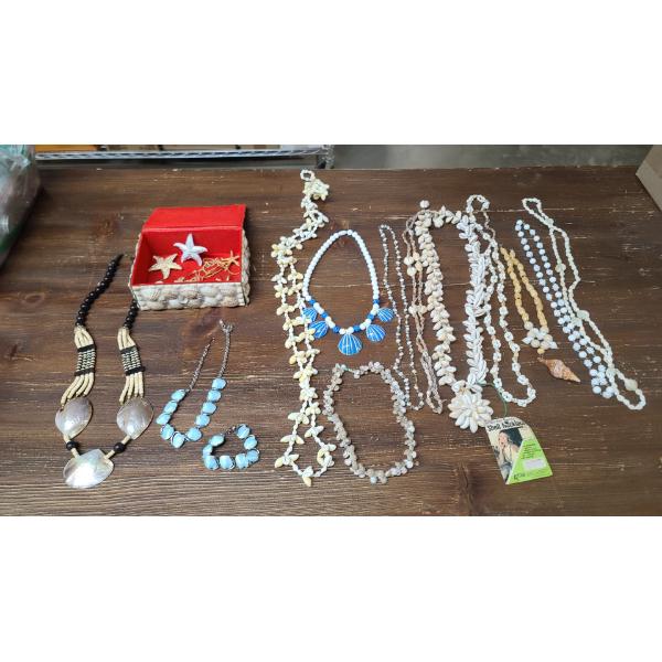 Lot Of Assorted Shell/Beach Themed Jewelry & Shell Trinket Box