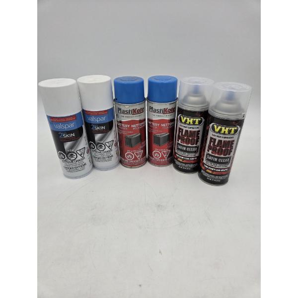 All Brand New 110z Spray Cans- 2 Valspar White, 2 Battery Cleaner 2 Satin Clear 
