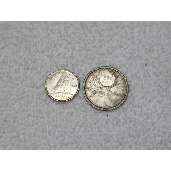 Two Silver Canadian Coins - 1955 Silver Quarter (ASW: 0.15 oz) & 1964 Silver Dime (ASW: 0.06 oz)