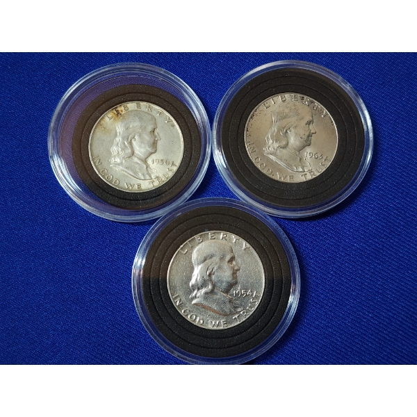 x3 90% Silver Franklin Half Dollars 1950, 1963, 1954; In Coin Capsules FV: $1.50