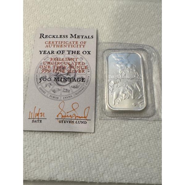 Rare Reckless Metals Year Of The Ox .999 One Ounce Silver Bar - 1/500