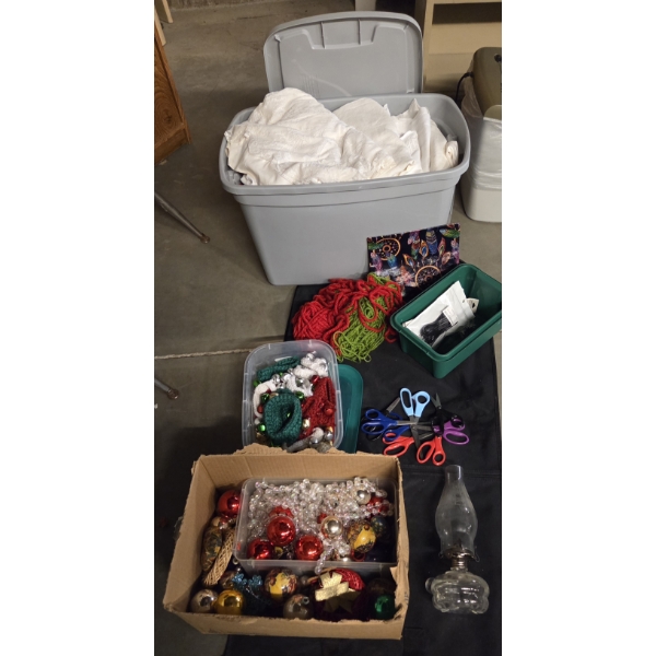Tote Of White Table Linens, Christmas Decor, Glass Oil Lamp, Scissors & More!