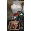 Image 1 : Tote Of White Table Linens, Christmas Decor, Glass Oil Lamp, Scissors & More!