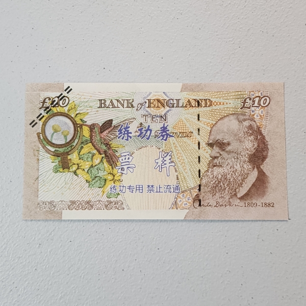 Falun Gong Practice Coupon Specimen Overprint on UK Novelty Banknote