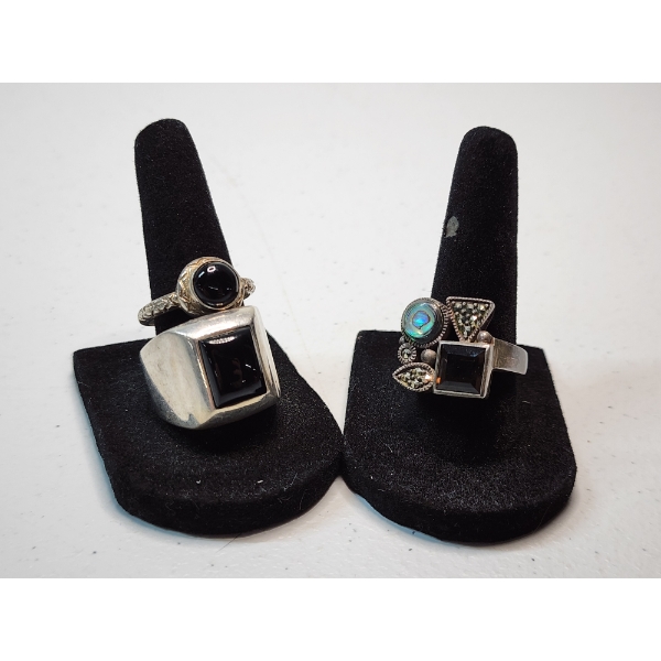 Three Sterling Silver Rings with Onyx and Assorted Gemstones - Various Sizes - TW: 22.8g