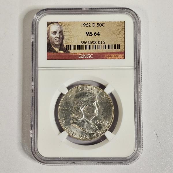 1962 D 90% Silver Benjamin Franklin Half Dollar, professionally graded MS 64 by the NGC
