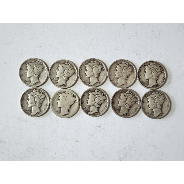 x10 Assorted Years & Mint Marks U.S. 90% Silver Mercury Dimes FV: $1.00