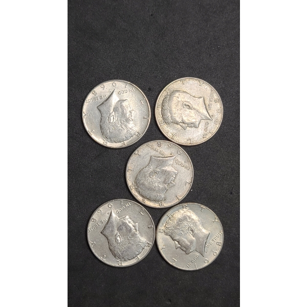 (5) 1968 40% Silver Kennedy Half Dollars - Face Value: $2.50