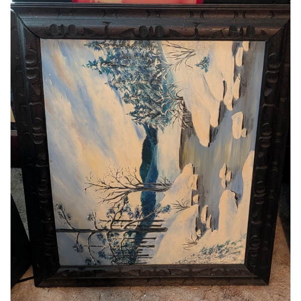 Snow Painting, And 2 Vintage Mirrors