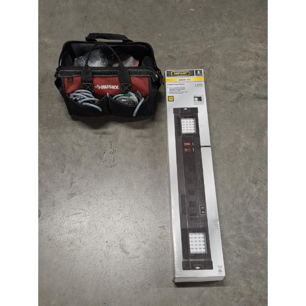 Small Husky Tool Bag With Screws And Fasteners & New LED Defiant 6 Outlet Power Station 