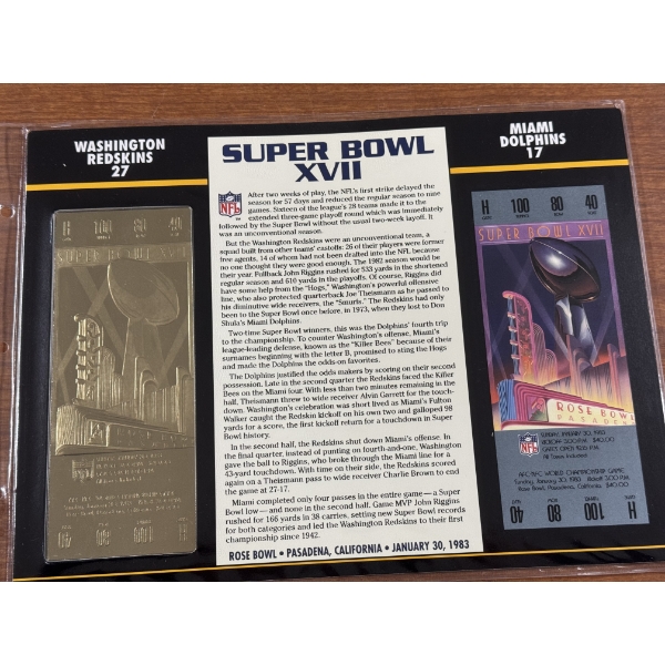 Authentic 1983 Super Bowl XVII NFL Football Ticket & 24K Gold Plated Ticket - Mint Condition