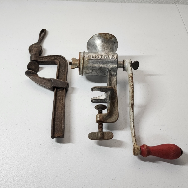 Antique Vice Clamp Tool & Antique "Merit No. 15" Meat Grinder